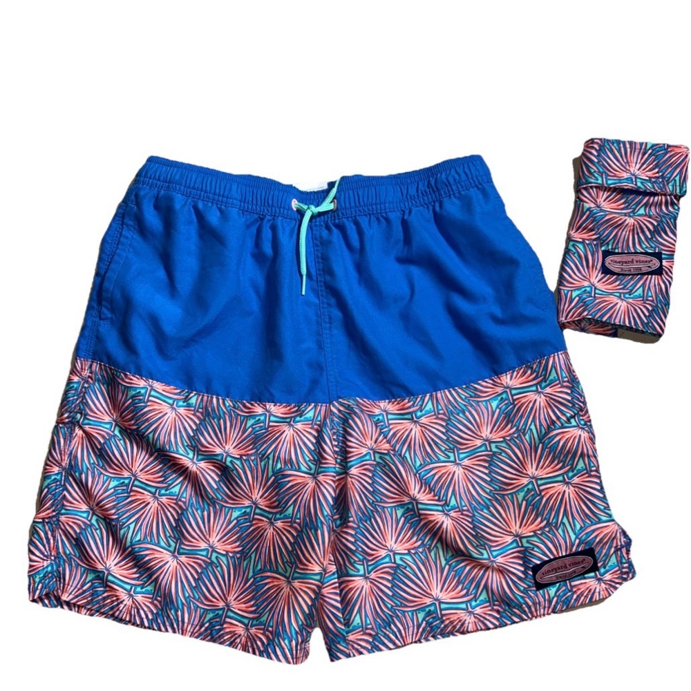 Vineyard Vines Boys Swim Trunks Blue Pink Print Sz 18